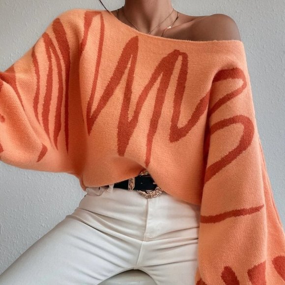 graphic pattern lantern sleeve sweater orange - Picture 7 of 7